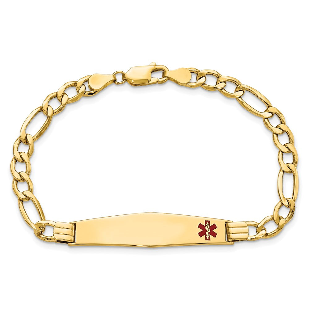 14K Yellow Gold Medical Semi Solid Chain/Solid Plate Soft Diamond Shape 37X9mm Off Center Red Enamel Figaro Link 8 Inch Id Bracelet