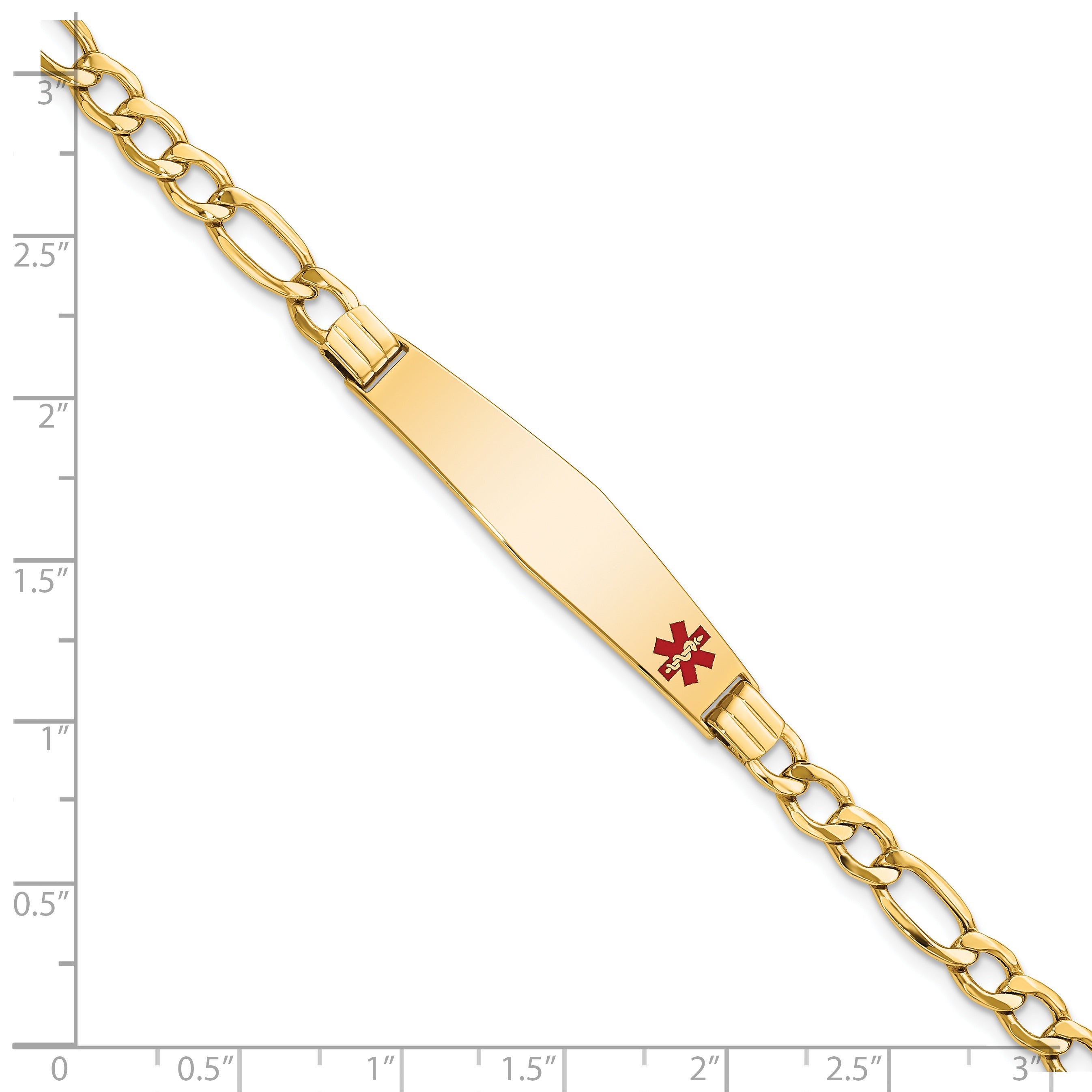 14K Yellow Gold Medical Semi Solid Chain/Solid Plate Soft Diamond Shape 37X9mm Off Center Red Enamel Figaro Link 8 Inch Id Bracelet