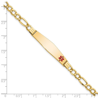 14K Yellow Gold Medical Semi Solid Chain/Solid Plate Soft Diamond Shape 37X9mm Off Center Red Enamel Figaro Link 8 Inch Id Bracelet