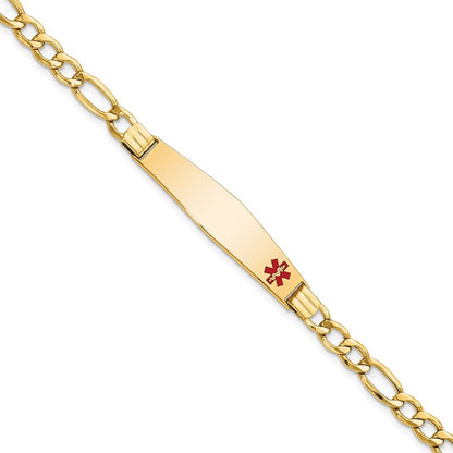 14K Yellow Gold Medical Semi Solid Chain/Solid Plate Soft Diamond Shape 37X9mm Off Center Red Enamel Figaro Link 8 Inch Id Bracelet