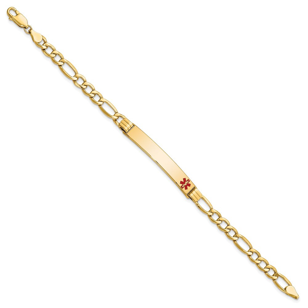 14K Yellow Gold Medical Semi Solid Chain/Solid Plate 37X6mm Off Center Red Enamel Figaro Link 7 Inch Id Bracelet