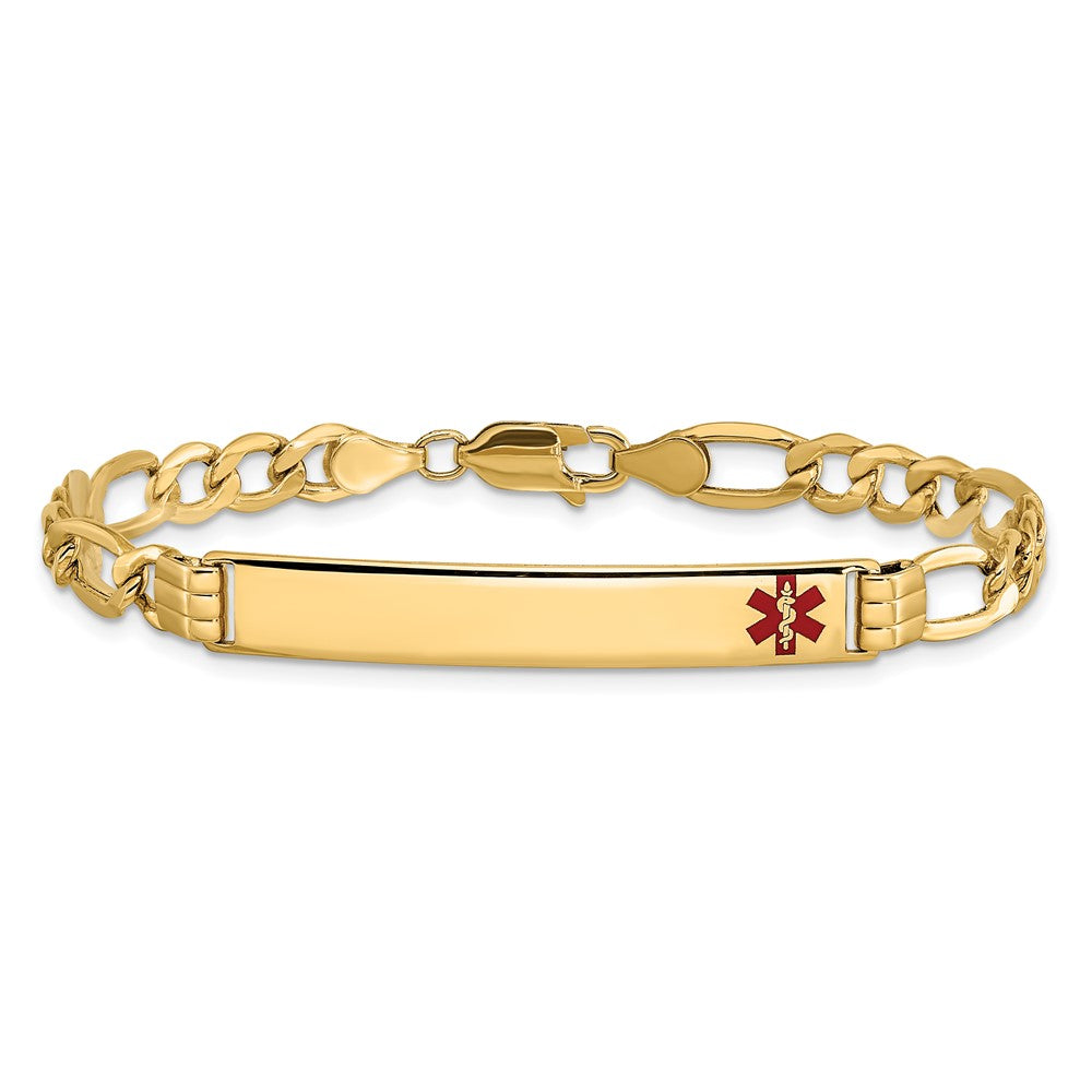 14K Yellow Gold Medical Semi Solid Chain/Solid Plate 37X6mm Off Center Red Enamel Figaro Link 7 Inch Id Bracelet