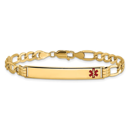 14K Yellow Gold Medical Semi Solid Chain/Solid Plate 37X6mm Off Center Red Enamel Figaro Link 7 Inch Id Bracelet
