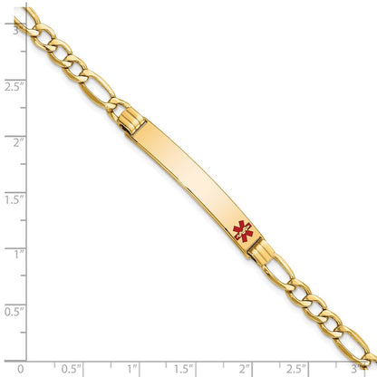 14K Yellow Gold Medical Semi Solid Chain/Solid Plate 37X6mm Off Center Red Enamel Figaro Link 7 Inch Id Bracelet