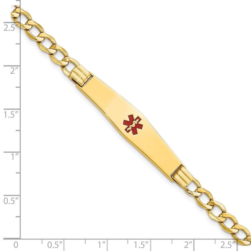 14K Yellow Gold Medical Semi Solid Chain/Solid Plate Soft Diamond Shape 37X9mm Centered Red Enamel Curb Link 8 Inch Id Bracelet