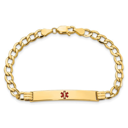 14K Yellow Gold Medical Semi Solid Chain/Solid Plate 37X6mm Centered Red Enamel Cuban Link 7 Inch Id Bracelet