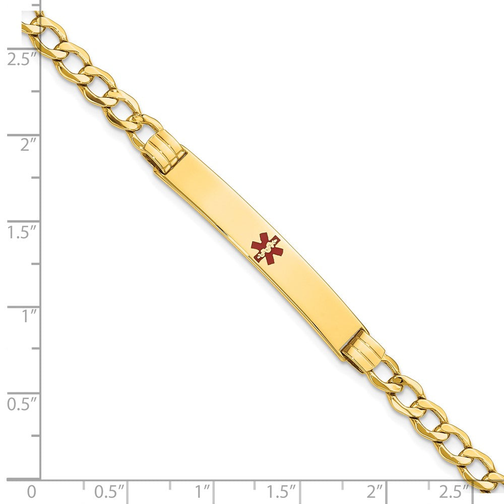 14K Yellow Gold Medical Semi Solid Chain/Solid Plate 37X6mm Centered Red Enamel Cuban Link 7 Inch Id Bracelet