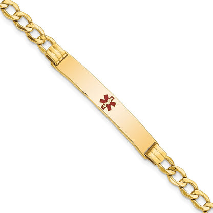 14K Yellow Gold Medical Semi Solid Chain/Solid Plate 37X6mm Centered Red Enamel Cuban Link 7 Inch Id Bracelet