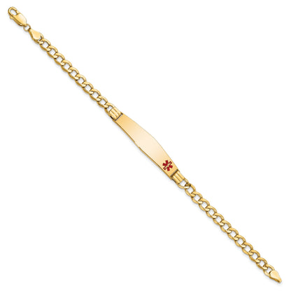 14K Yellow Gold Medical Semi Solid Chain/Solid Plate Soft Diamond Shape 37X9mm Off Center Red Enamel Cuban Link 8 Inch Id Bracelet