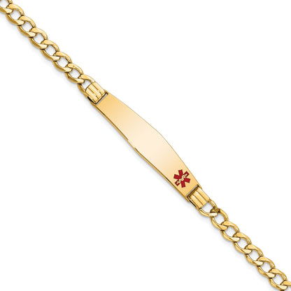 14K Yellow Gold Medical Semi Solid Chain/Solid Plate Soft Diamond Shape 37X9mm Off Center Red Enamel Cuban Link 8 Inch Id Bracelet