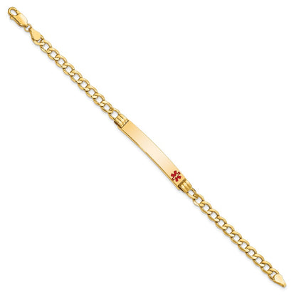 14K Yellow Gold Medical Semi Solid Chain/Solid Plate 37X6mm Off Center Red Enamel Cuban Link 8 Inch Id Bracelet