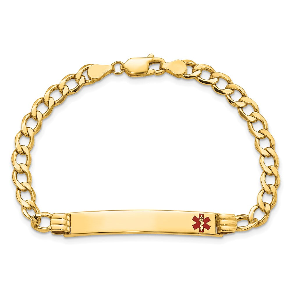 14K Yellow Gold Medical Semi Solid Chain/Solid Plate 37X6mm Off Center Red Enamel Cuban Link 8 Inch Id Bracelet