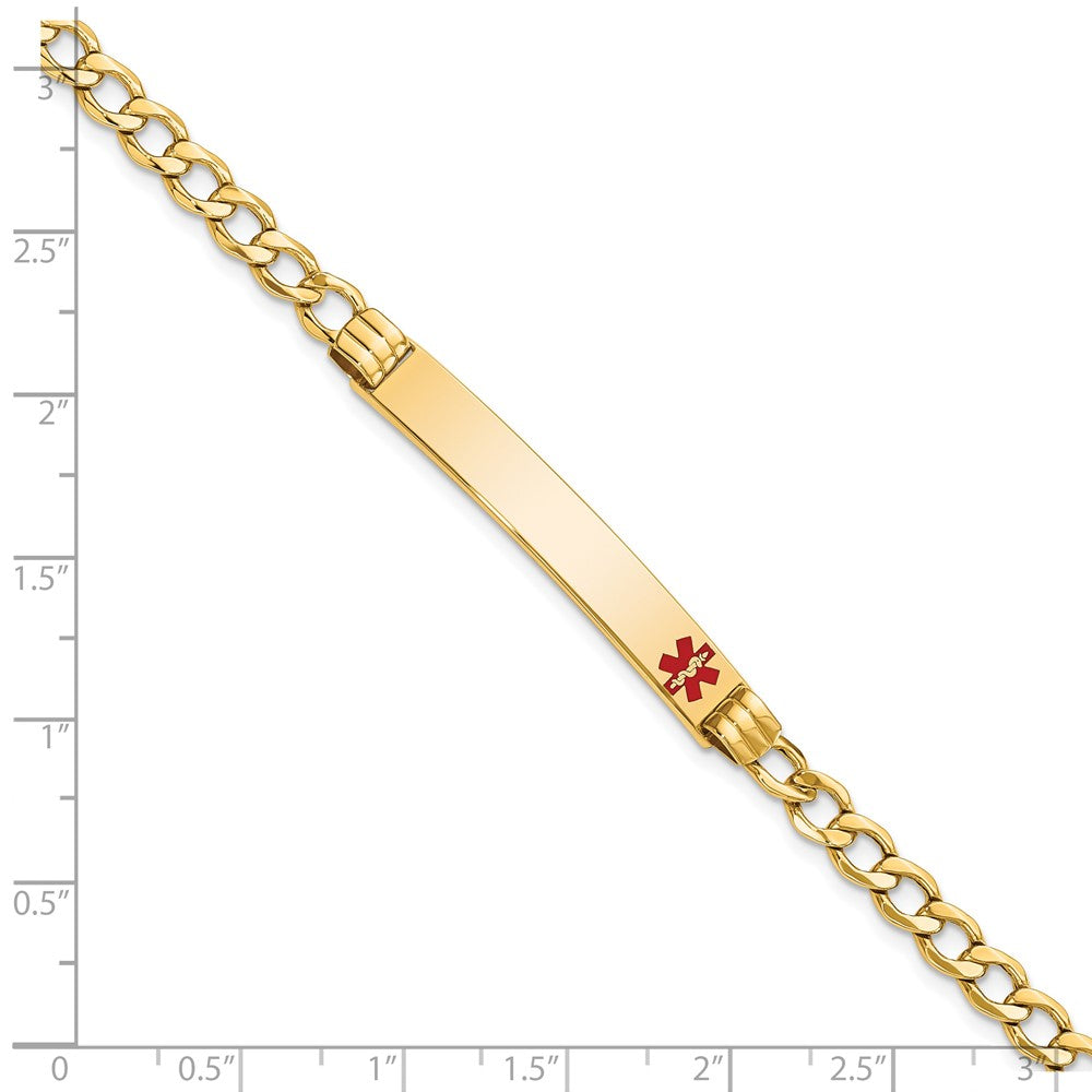 14K Yellow Gold Medical Semi Solid Chain/Solid Plate 37X6mm Off Center Red Enamel Cuban Link 8 Inch Id Bracelet