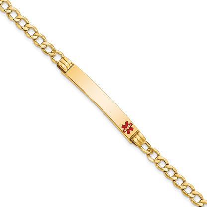 14K Yellow Gold Medical Semi Solid Chain/Solid Plate 37X6mm Off Center Red Enamel Cuban Link 8 Inch Id Bracelet