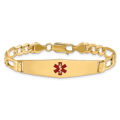 14K Yellow Gold Medical Solid Chain/Solid Plate Soft Diamond Shape 36X9mm Centered Red Enamel Figaro Link 7 Inch Id Bracelet