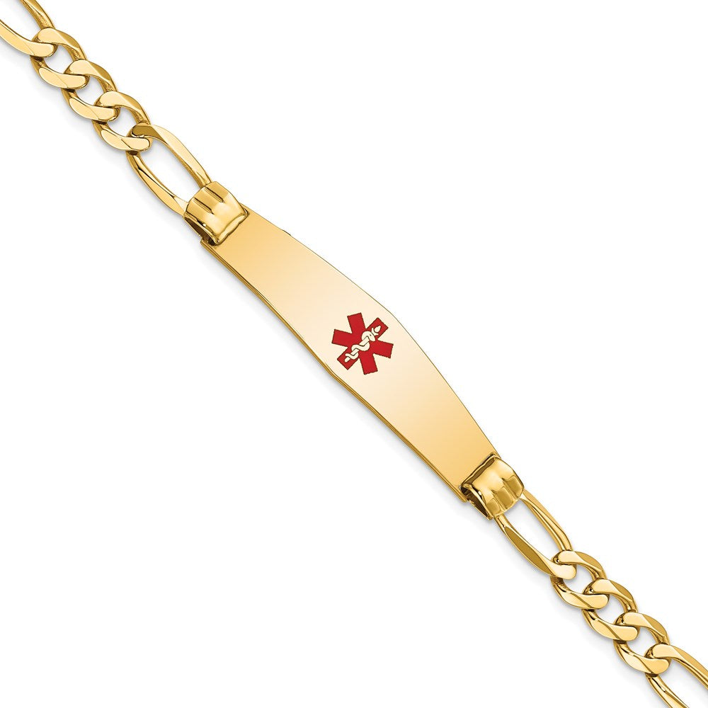 14K Yellow Gold Medical Solid Chain/Solid Plate Soft Diamond Shape 36X9mm Centered Red Enamel Figaro Link 7 Inch Id Bracelet