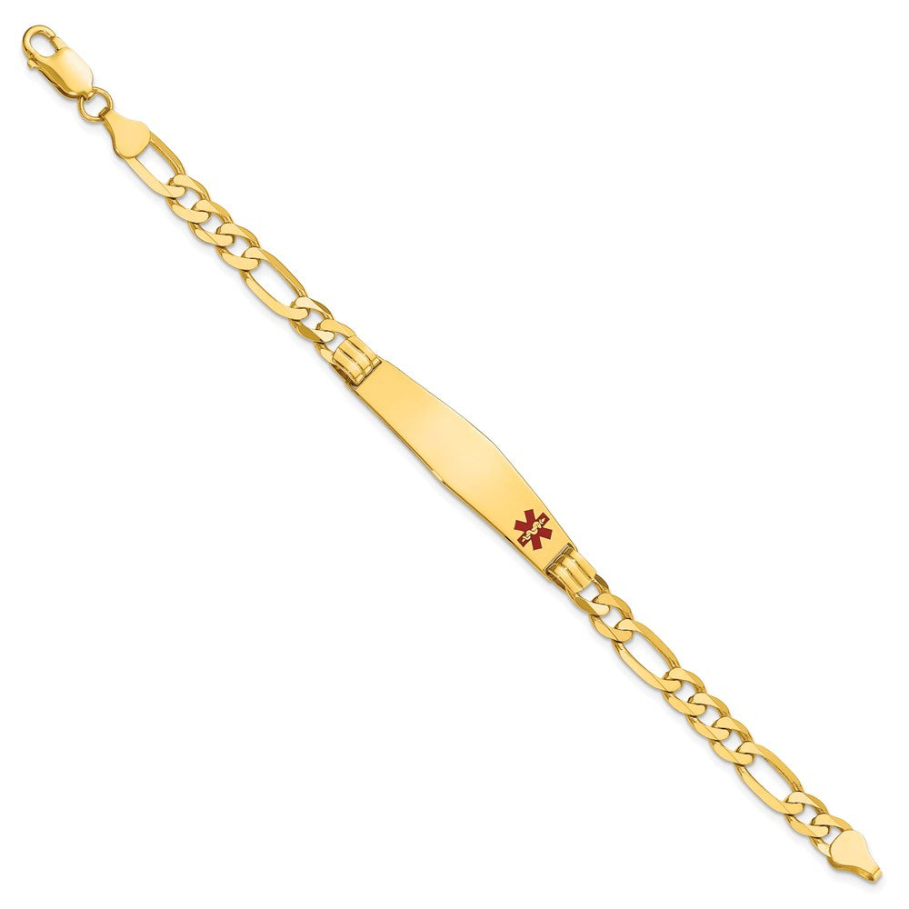 14K Yellow Gold Medical Solid Chain/Solid Plate Soft Diamond Shape 38X9mm Off Center Red Enamel Figaro Link 8 Inch Id Bracelet