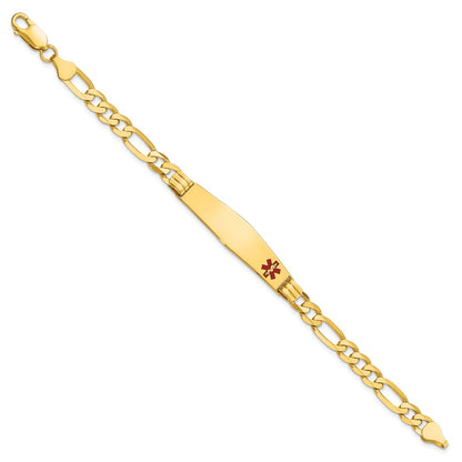 14K Yellow Gold Medical Solid Chain/Solid Plate Soft Diamond Shape 38X9mm Off Center Red Enamel Figaro Link 8 Inch Id Bracelet