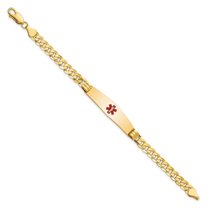 14K Yellow Gold Medical Solid Chain/Solid Plate Soft Diamond Shape 37X9mm Centered Red Enamel Curb Link 7 Inch Id Bracelet