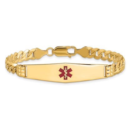 14K Yellow Gold Medical Solid Chain/Solid Plate Soft Diamond Shape 37X9mm Centered Red Enamel Curb Link 7 Inch Id Bracelet