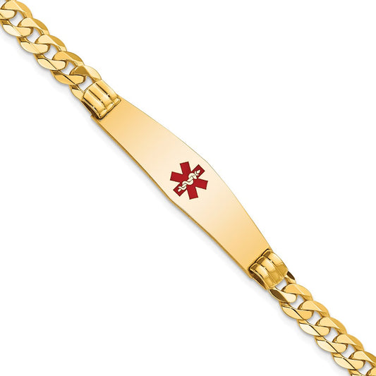 14K Yellow Gold Medical Solid Chain/Solid Plate Soft Diamond Shape 37X9mm Centered Red Enamel Curb Link 7 Inch Id Bracelet