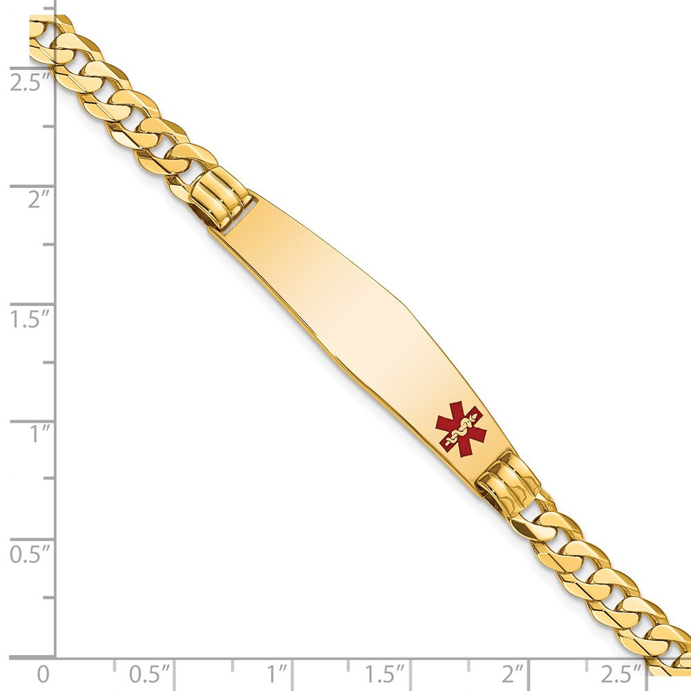 14K Yellow Gold Medical Solid Chain/Solid Plate Soft Diamond Shape 38X9mm Off Center Red Enamel Curb Link 7 Inch Id Bracelet