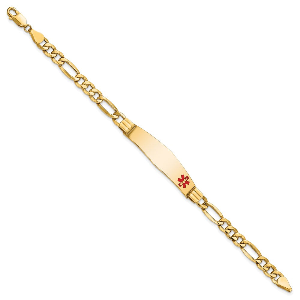 14K Yellow Gold Medical Semi Solid Chain/Solid Plate Soft Diamond Shape 38X9mm Off Center Red Enamel Figaro Link 8 Inch Id Bracelet