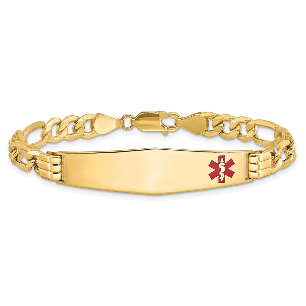14K Yellow Gold Medical Semi Solid Chain/Solid Plate Soft Diamond Shape 38X9mm Off Center Red Enamel Figaro Link 8 Inch Id Bracelet
