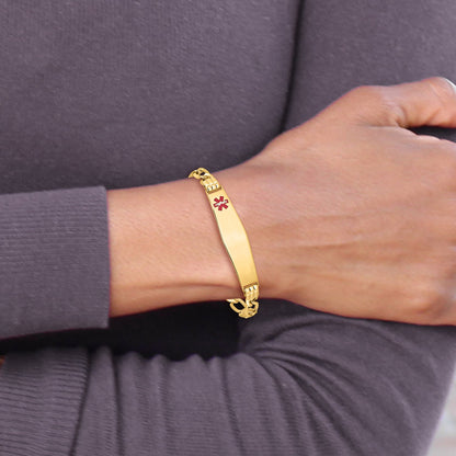 14K Yellow Gold Medical Semi Solid Chain/Solid Plate Soft Diamond Shape 38X9mm Off Center Red Enamel Figaro Link 8 Inch Id Bracelet