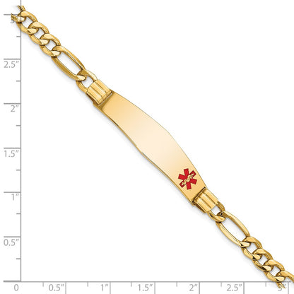 14K Yellow Gold Medical Semi Solid Chain/Solid Plate Soft Diamond Shape 38X9mm Off Center Red Enamel Figaro Link 8 Inch Id Bracelet