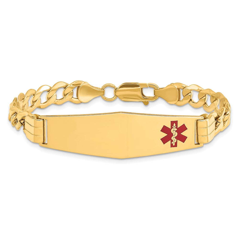 14K Yellow Gold Medical Semi Solid Chain/Solid Plate Soft Diamond Shape 40X12mm Off Center Red Enamel Curb Link 7 Inch Id Bracelet
