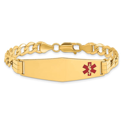 14K Yellow Gold Medical Semi Solid Chain/Solid Plate Soft Diamond Shape 40X12mm Off Center Red Enamel Curb Link 7 Inch Id Bracelet