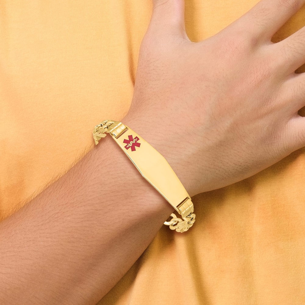 14K Yellow Gold Medical Semi Solid Chain/Solid Plate Soft Diamond Shape 40X12mm Off Center Red Enamel Curb Link 8 Inch Id Bracelet