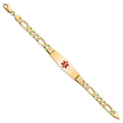 14K Yellow Gold Medical Solid Chain/Solid Plate Soft Diamond Shape 40X12mm Centered Red Enamel Flat Figaro Link 7 Inch Id Bracelet