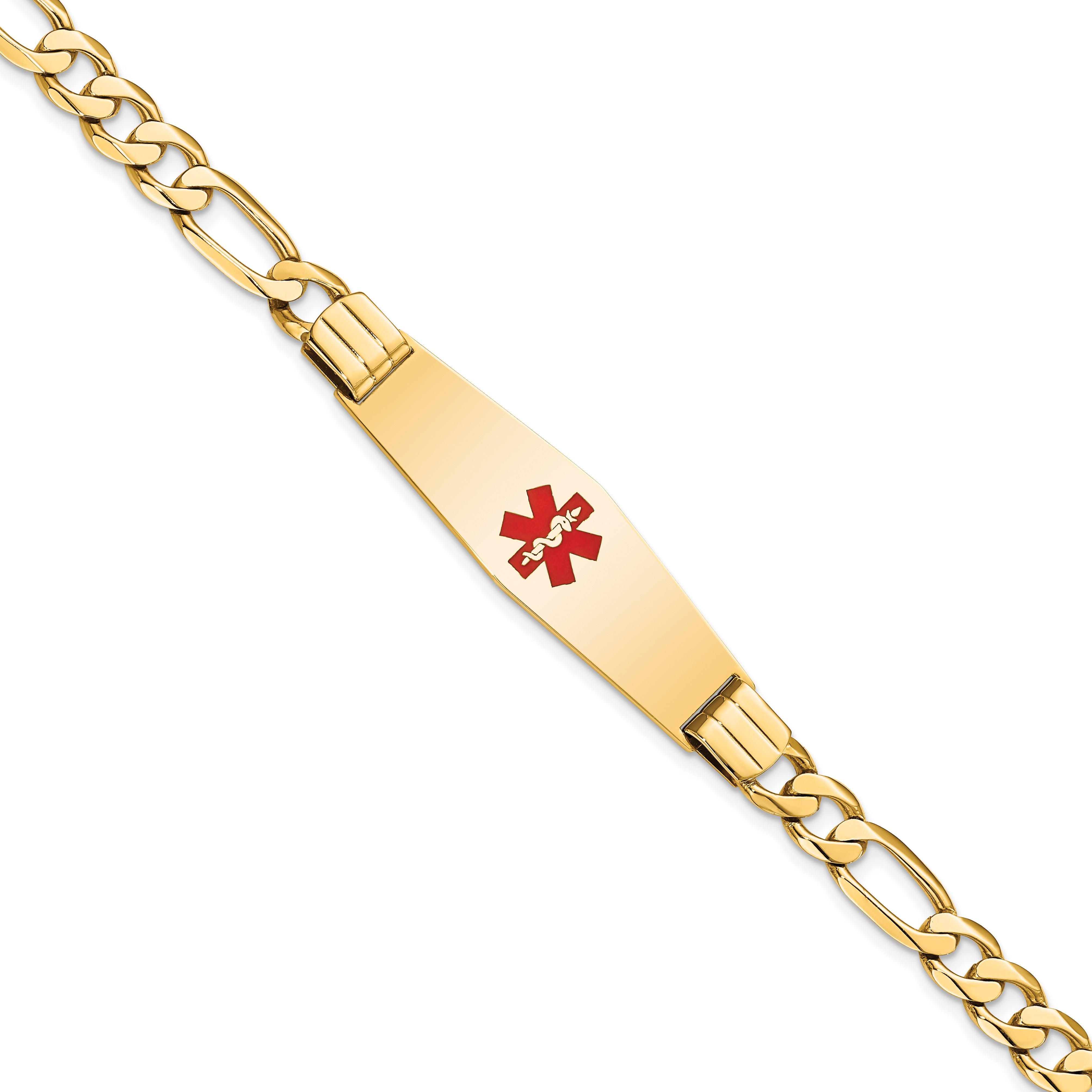 14K Yellow Gold Medical Solid Chain/Solid Plate Soft Diamond Shape 40X12mm Centered Red Enamel Flat Figaro Link 8 Inch Id Bracelet