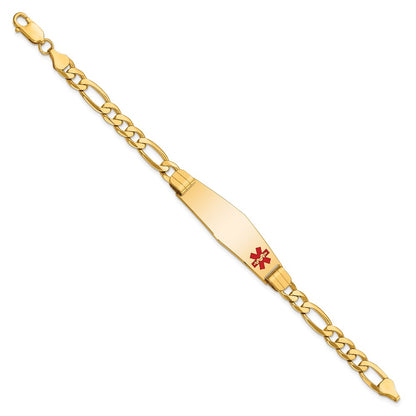 14K Yellow Gold Medical Solid Chain/Solid Plate Soft Diamond Shape 39X12mm Off Center Red Enamel Flat Figaro Link 8 Inch Id Bracelet