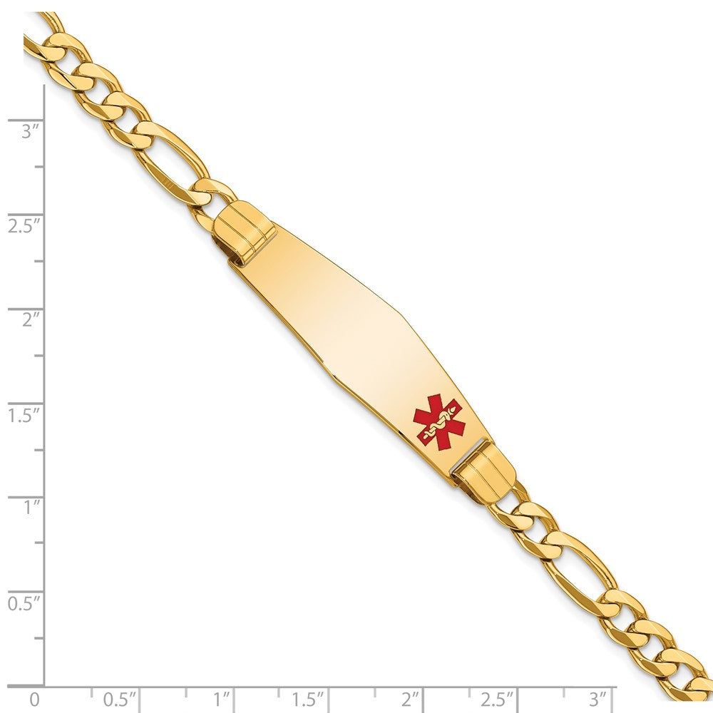 14K Yellow Gold Medical Solid Chain/Solid Plate Soft Diamond Shape 39X12mm Off Center Red Enamel Flat Figaro Link 8 Inch Id Bracelet