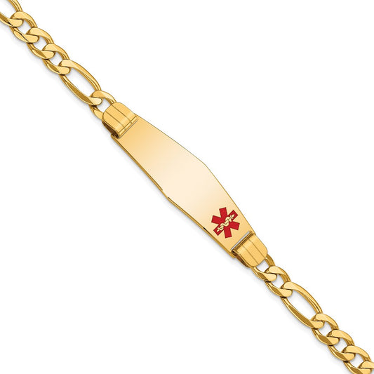 14K Yellow Gold Medical Solid Chain/Solid Plate Soft Diamond Shape 39X12mm Off Center Red Enamel Flat Figaro Link 8 Inch Id Bracelet