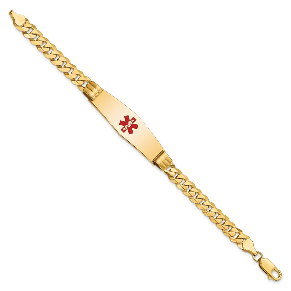 14K Yellow Gold Medical Solid Chain/Solid Plate Soft Diamond Shape 40X12mm Centered Red Enamel Curb Link 7 Inch Id Bracelet