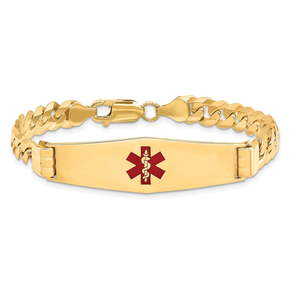 14K Yellow Gold Medical Solid Chain/Solid Plate Soft Diamond Shape 40X12mm Centered Red Enamel Curb Link 7 Inch Id Bracelet