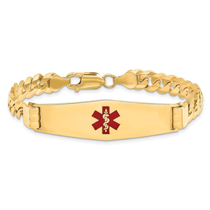 14K Yellow Gold Medical Solid Chain/Solid Plate Soft Diamond Shape 40X12mm Centered Red Enamel Curb Link 7 Inch Id Bracelet