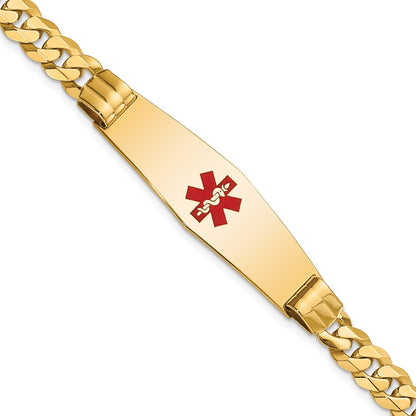 14K Yellow Gold Medical Solid Chain/Solid Plate Soft Diamond Shape 40X12mm Centered Red Enamel Curb Link 7 Inch Id Bracelet