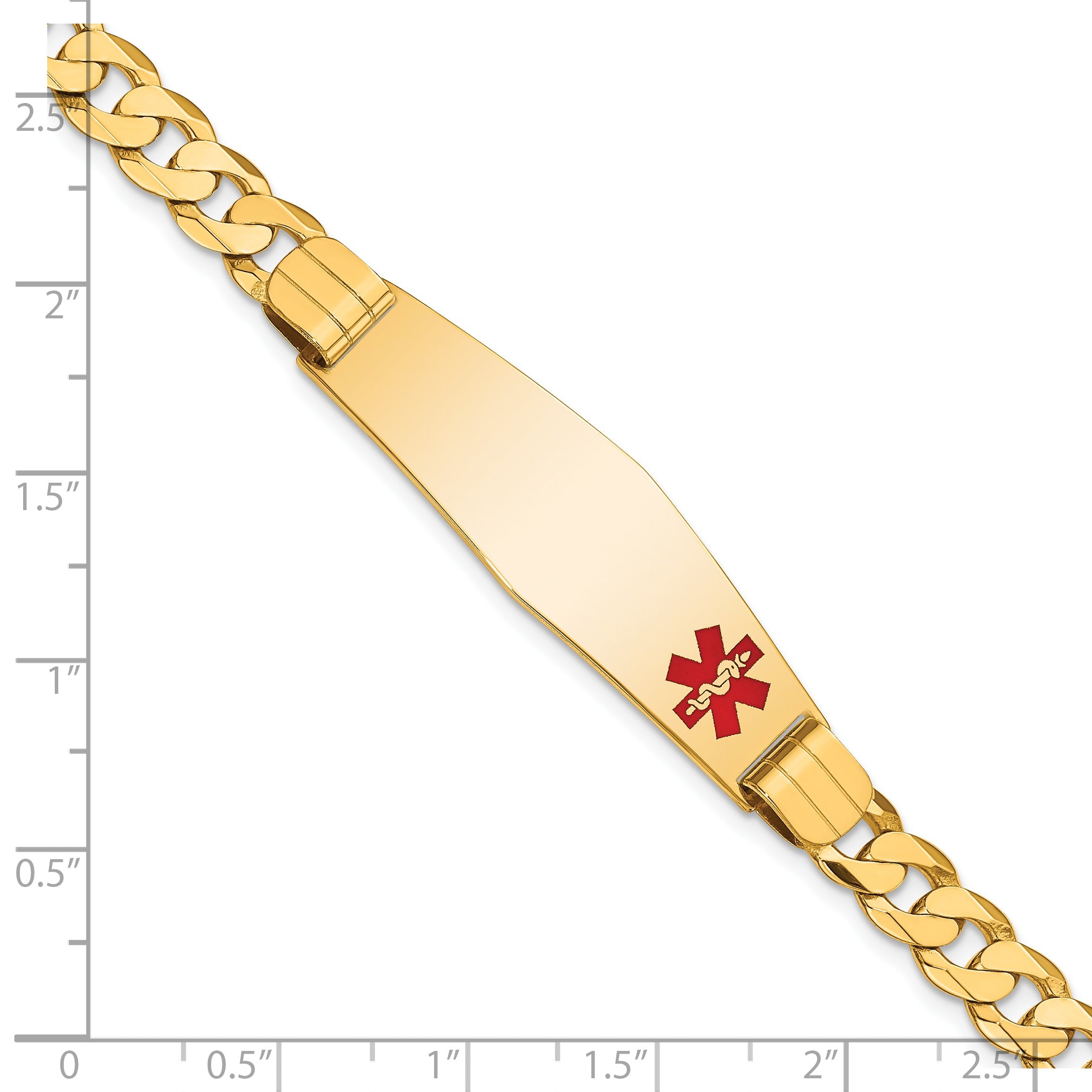 14K Yellow Gold Medical Solid Chain/Solid Plate Soft Diamond Shape 39X12mm Off Center Red Enamel Curb Link 8 Inch Id Bracelet