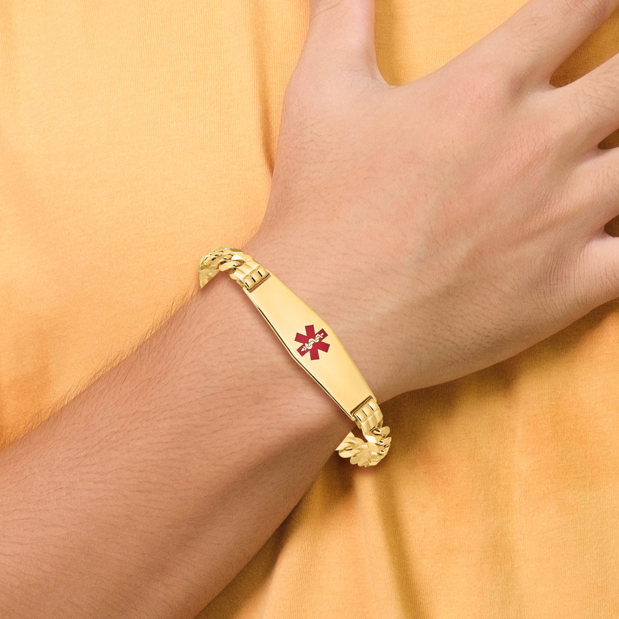 14K Yellow Gold Medical Solid Chain/Solid Plate Soft Diamond Shape 40X12mm Centered Red Enamel Flat Curb Link 8 Inch Id Bracelet