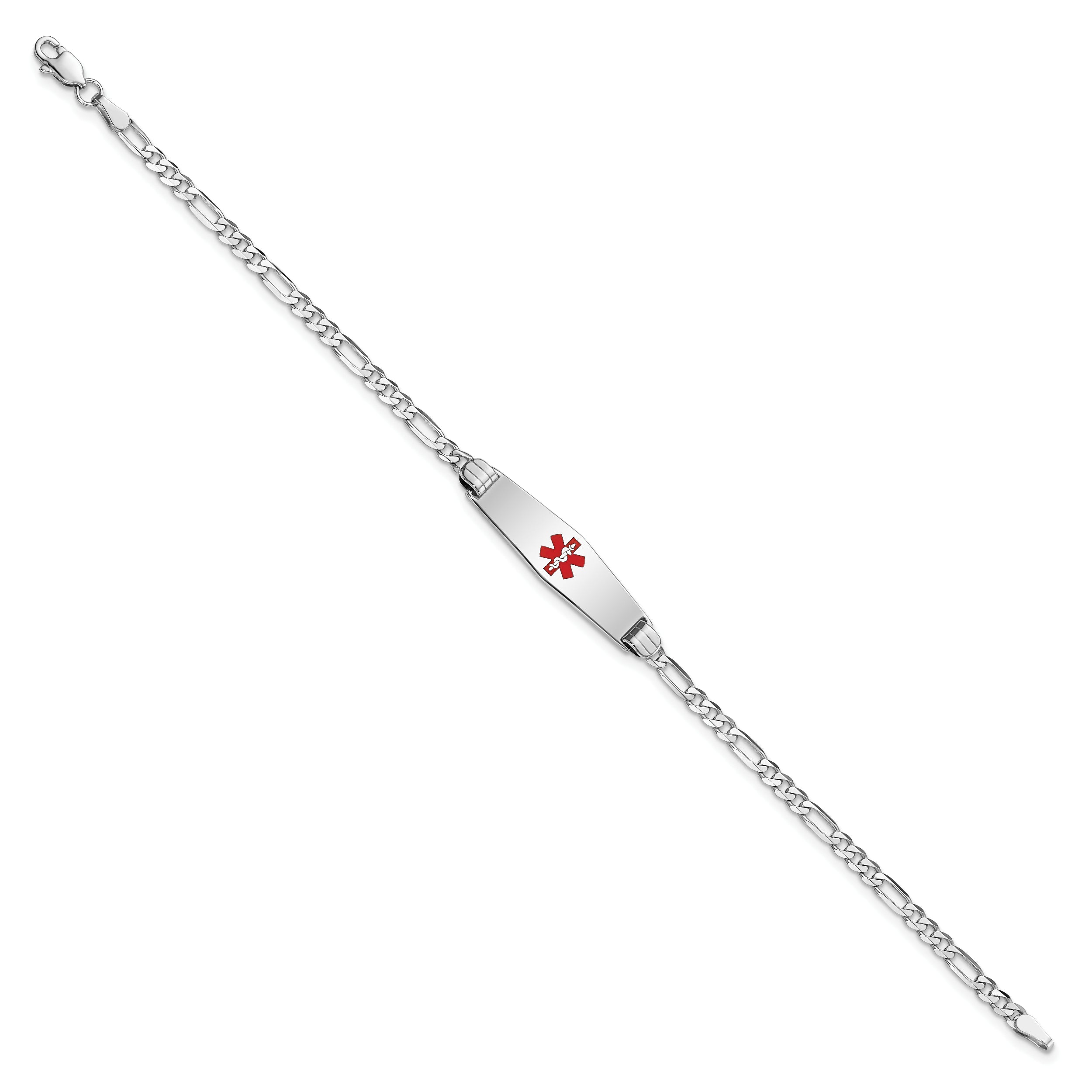 14K White Gold Medical Solid Chain/Solid Plate 24X7mm Soft Diamond Shape Centered Red Enamel Figaro Link 8 Inch Id Bracelet