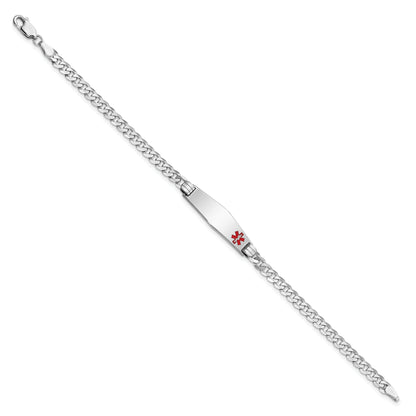 14K White Gold Medical Solid Chain/Solid Plate 26X7mm Soft Diamond Shape Off Center Red Enamel Flat Curb Link 8 Inch Id Bracelet