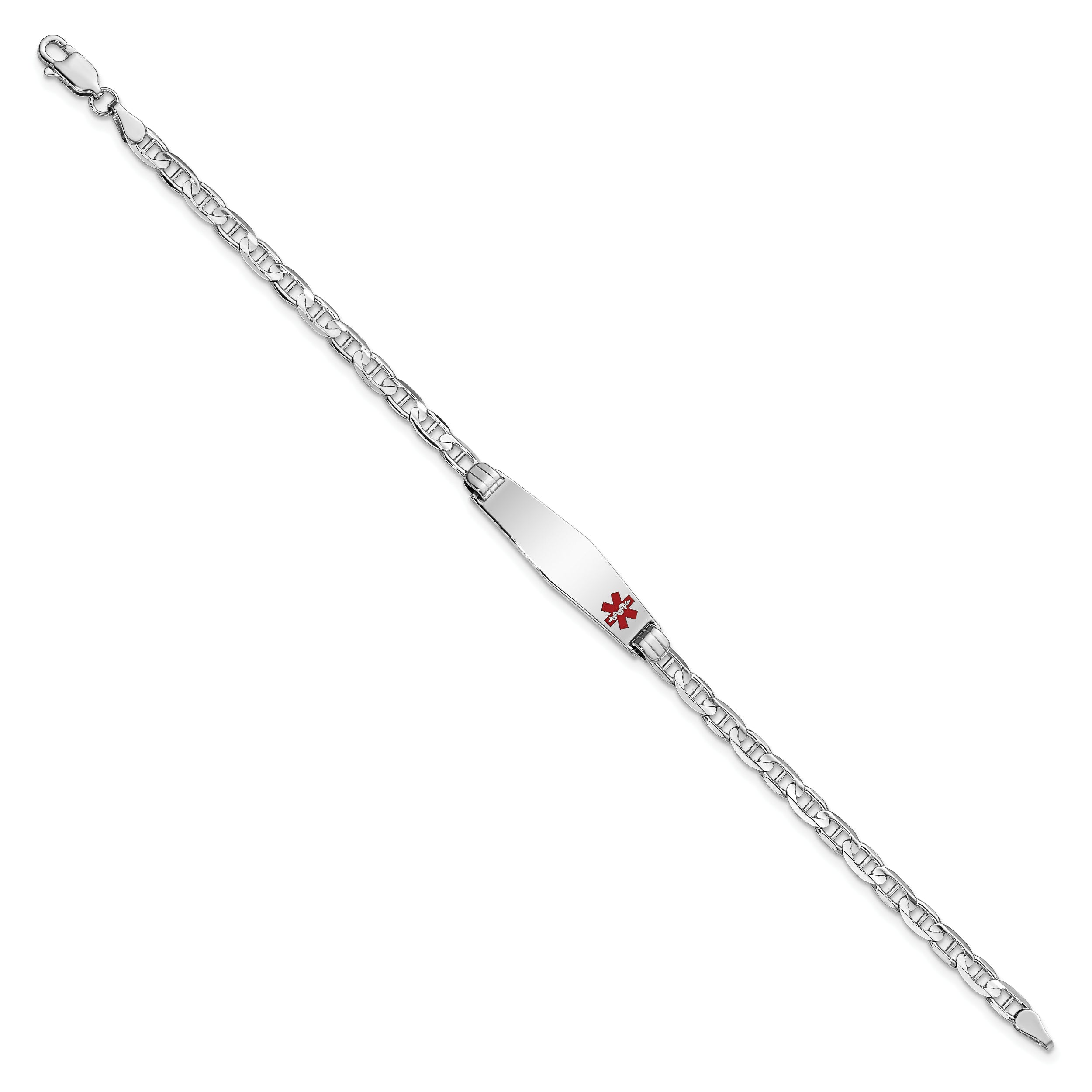 14K White Gold Medical Solid Chain/Solid Plate 26X7mm Soft Diamond Shape Off Center Red Enamel Anchor Link 8 Inch Id Bracelet