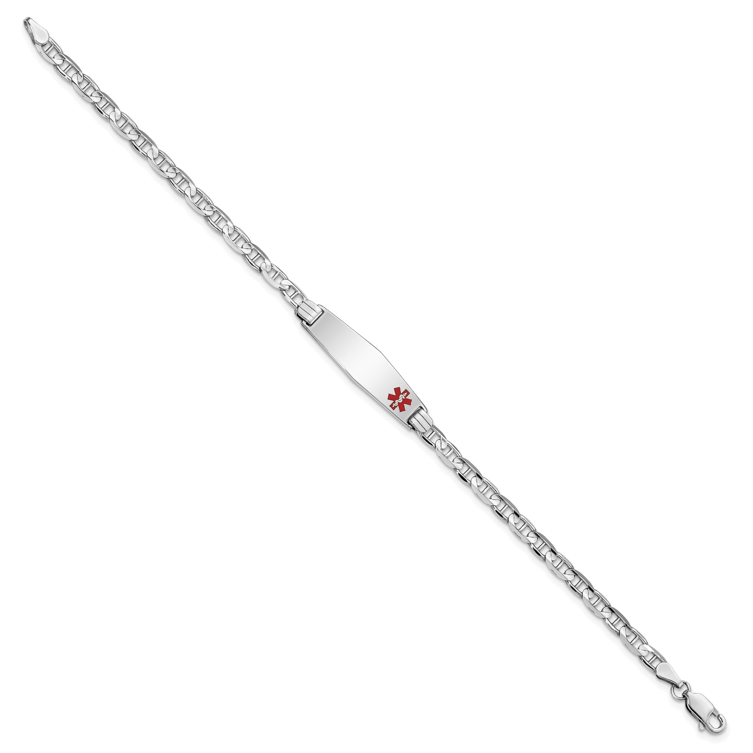 14K White Gold Medical Solid Chain/Solid Plate 26X7mm Soft Diamond Shape Off Center Red Enamel Anchor Link 8 Inch Id Bracelet