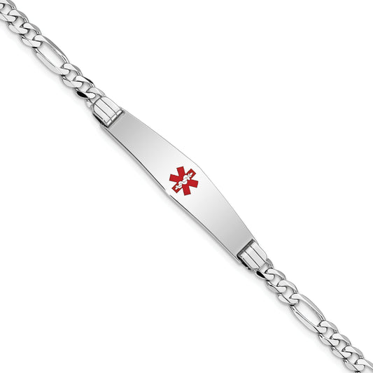 14K White Gold Medical Solid Chain/Solid Plate Soft Diamond Shape 36X9mm Centered Red Enamel Figaro Link 8 Inch Id Bracelet