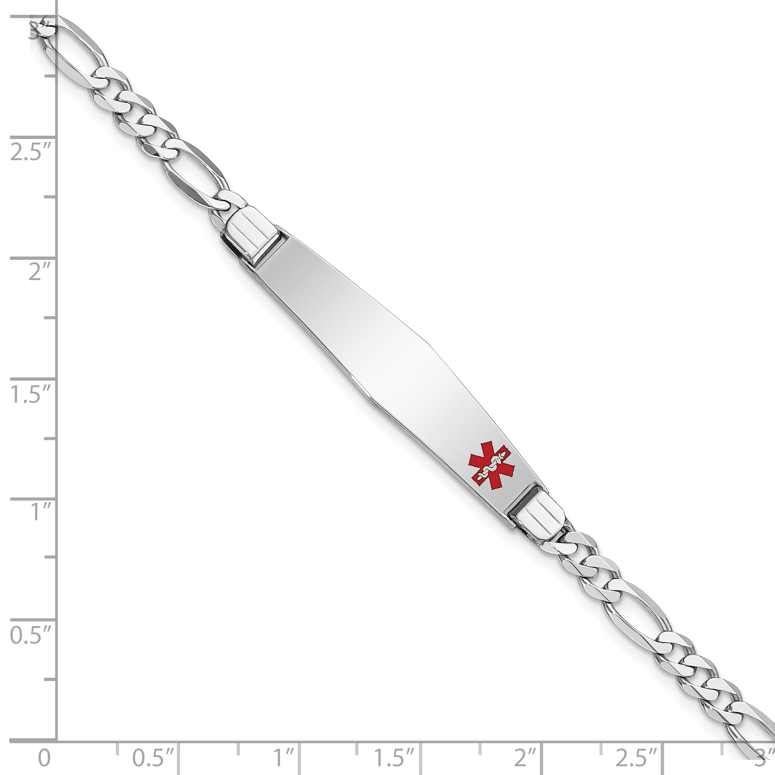 14K White Gold Medical Solid Chain/Solid Plate Soft Diamond Shape 37X9mm Off Center Red Enamel Figaro Link 8 Inch Id Bracelet